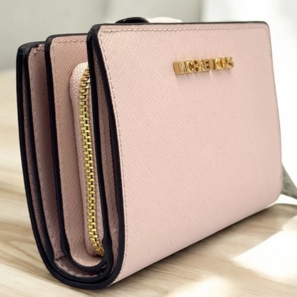Michael Kors Medium Jet Set Travel Zip Chain Bifold Wallet Leather Powder Blush